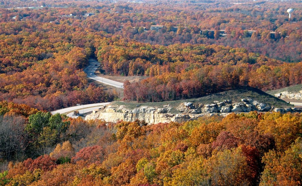 A bird's eye view of Branson fall colors as the fall foliage displays brilliant reds and golds.