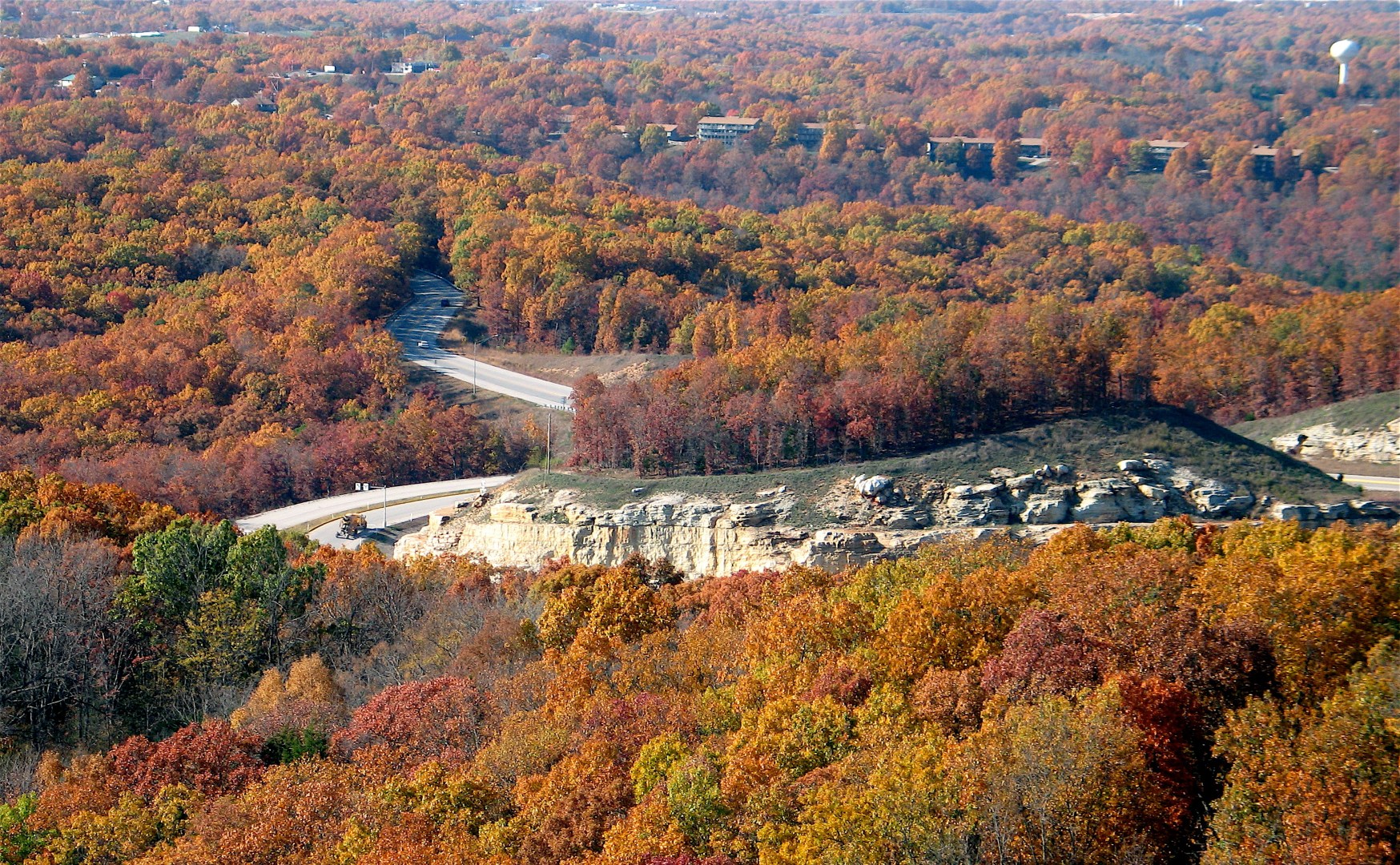 A bird's eye view of Branson fall colors as the fall foliage displays brilliant reds and golds.