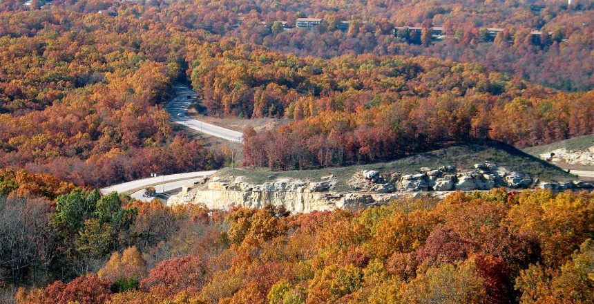 A bird's eye view of Branson fall colors as the fall foliage displays brilliant reds and golds.